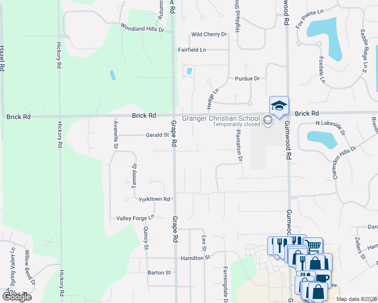 map of restaurants, bars, coffee shops, grocery stores, and more near 52200-52308 Grape Road in Granger