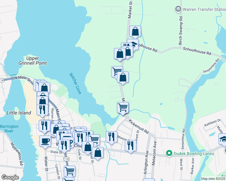 map of restaurants, bars, coffee shops, grocery stores, and more near 10 Connolly Avenue in Warren