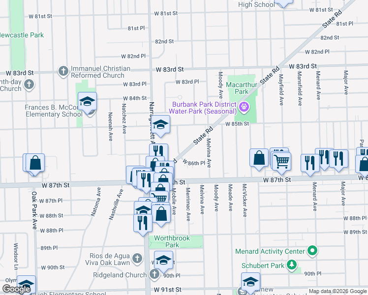 map of restaurants, bars, coffee shops, grocery stores, and more near 8560 State Road in Burbank