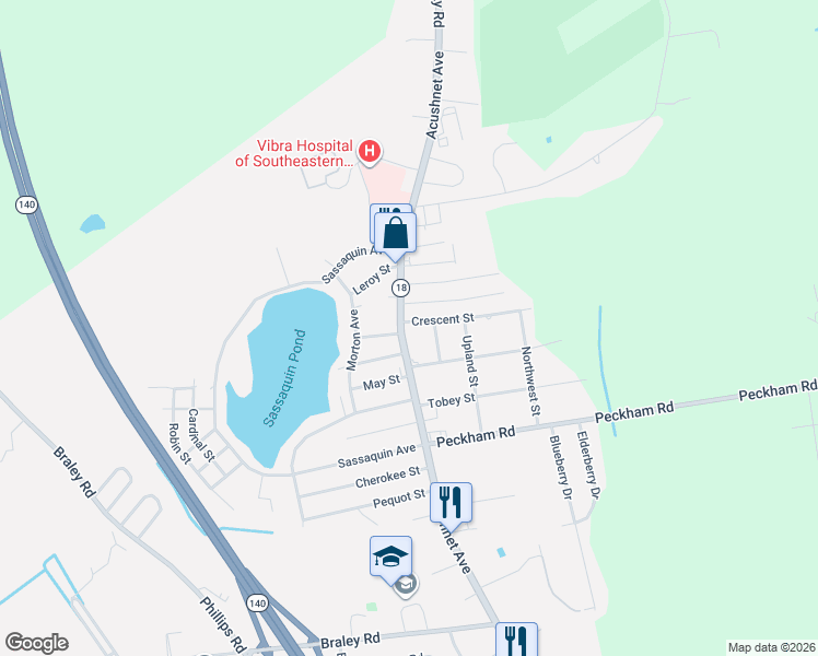 map of restaurants, bars, coffee shops, grocery stores, and more near 4364 Acushnet Avenue in New Bedford