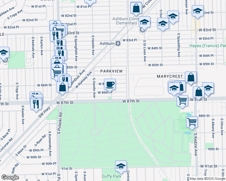map of restaurants, bars, coffee shops, grocery stores, and more near 3650 West 86th Place in Chicago