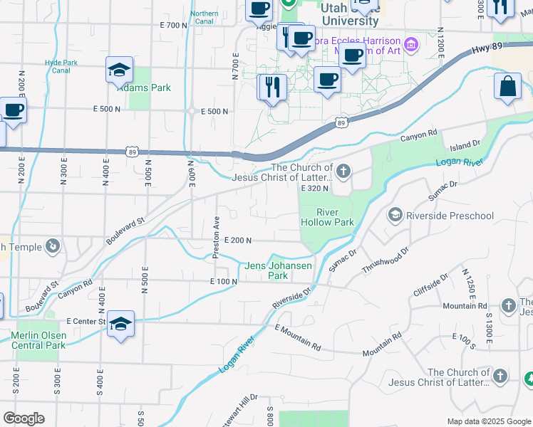 map of restaurants, bars, coffee shops, grocery stores, and more near 835 East 275 North in Logan