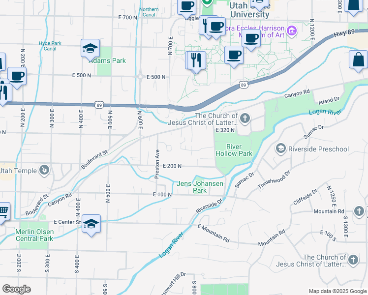 map of restaurants, bars, coffee shops, grocery stores, and more near 725 East 275 North in Logan