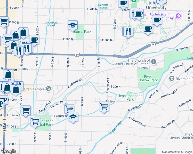 map of restaurants, bars, coffee shops, grocery stores, and more near 260 600 East in Logan