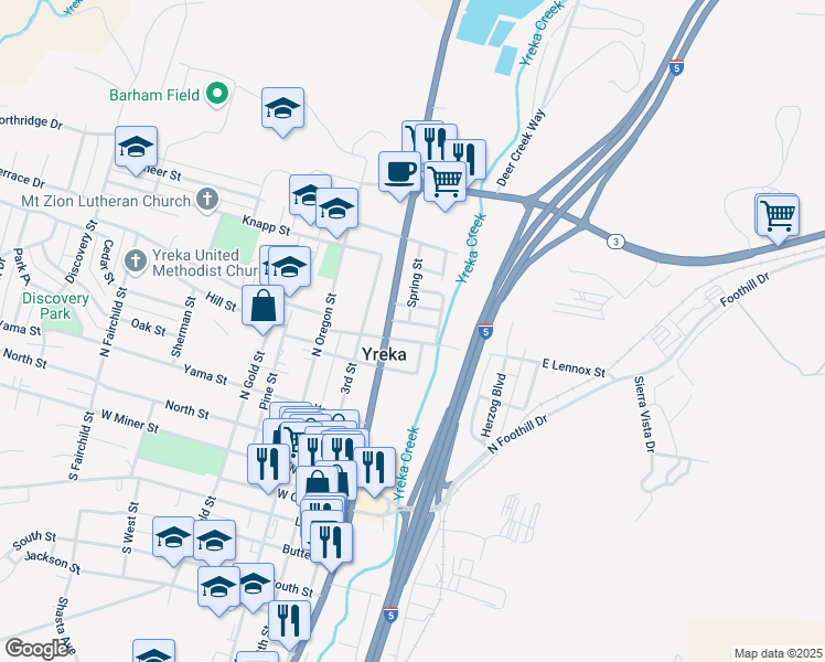 map of restaurants, bars, coffee shops, grocery stores, and more near in Yreka