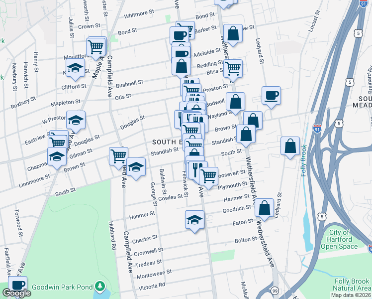map of restaurants, bars, coffee shops, grocery stores, and more near 119 Standish Street in Hartford