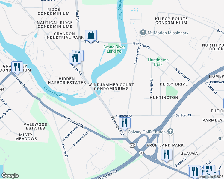 map of restaurants, bars, coffee shops, grocery stores, and more near 53 Windjammer Court in Painesville