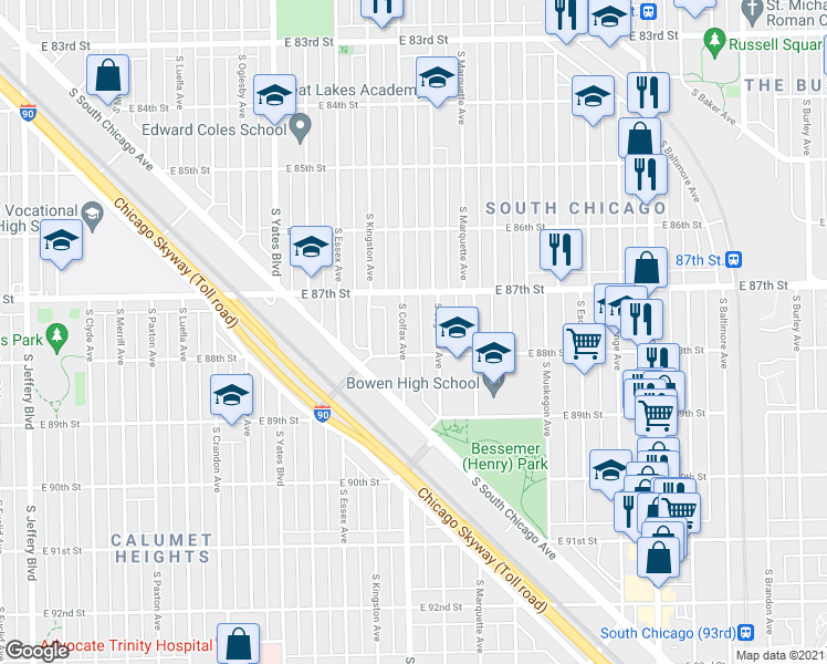 map of restaurants, bars, coffee shops, grocery stores, and more near 8741 South Colfax Avenue in Chicago