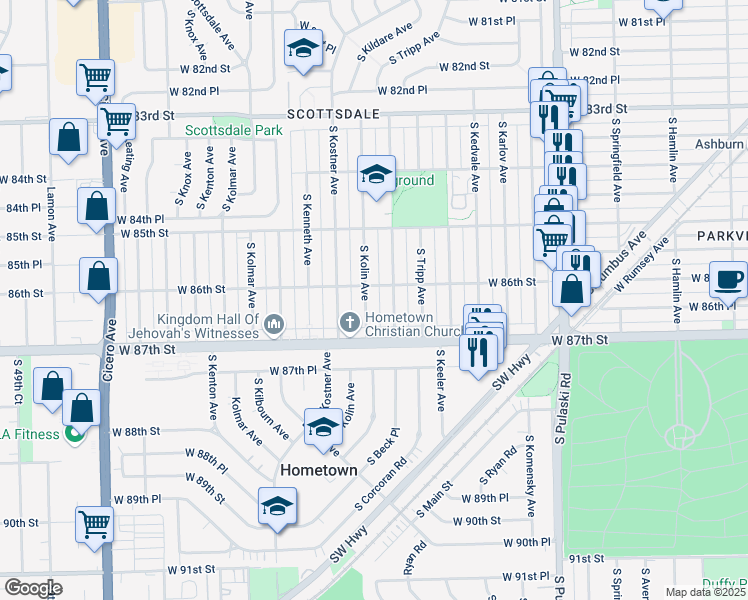 map of restaurants, bars, coffee shops, grocery stores, and more near 8618 South Kildare Avenue in Chicago
