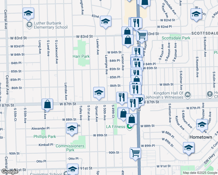 map of restaurants, bars, coffee shops, grocery stores, and more near 8613 Lavergne Avenue in Burbank