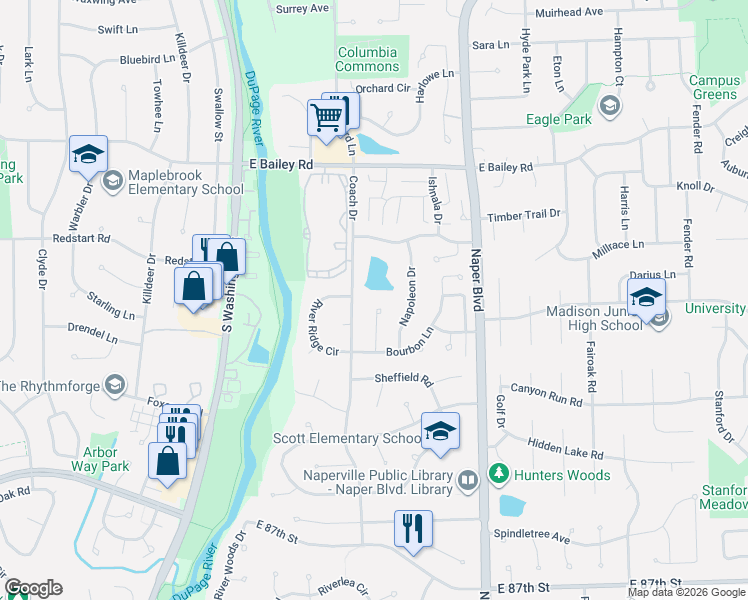 map of restaurants, bars, coffee shops, grocery stores, and more near 1703 Chalmette Court in Naperville