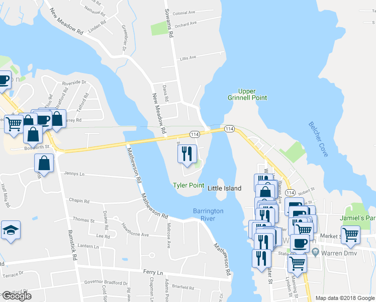 map of restaurants, bars, coffee shops, grocery stores, and more near 12 Jesse Davis Lane in Barrington