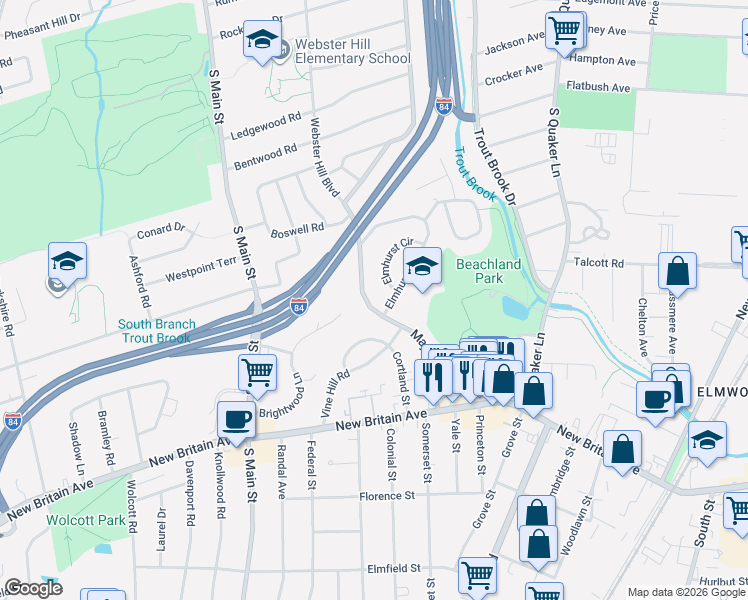 map of restaurants, bars, coffee shops, grocery stores, and more near 124 Mayflower Street in West Hartford