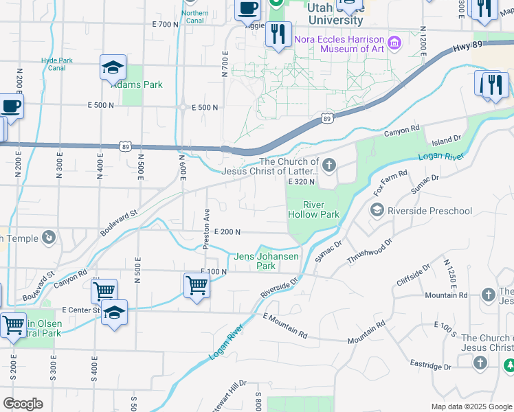 map of restaurants, bars, coffee shops, grocery stores, and more near 825 East 275 North in Logan