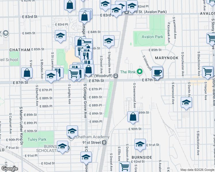 map of restaurants, bars, coffee shops, grocery stores, and more near 8718 South Dauphin Avenue in Chicago