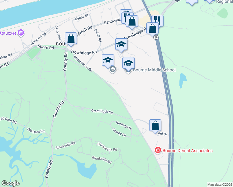 map of restaurants, bars, coffee shops, grocery stores, and more near 77 Waterhouse Road in Bourne