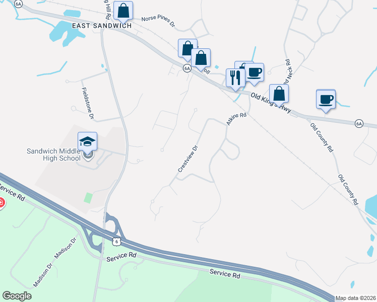 map of restaurants, bars, coffee shops, grocery stores, and more near 24 Crestview Circle in Mashpee