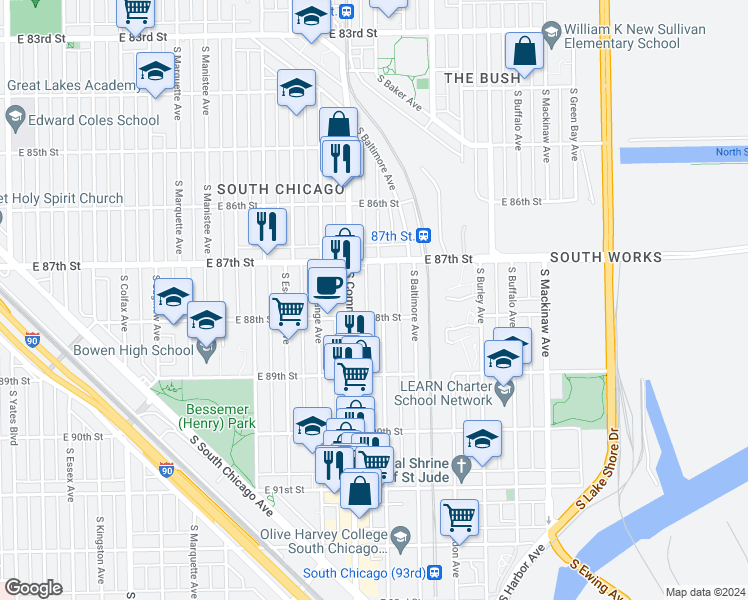 map of restaurants, bars, coffee shops, grocery stores, and more near 8740 South Houston Avenue in Chicago