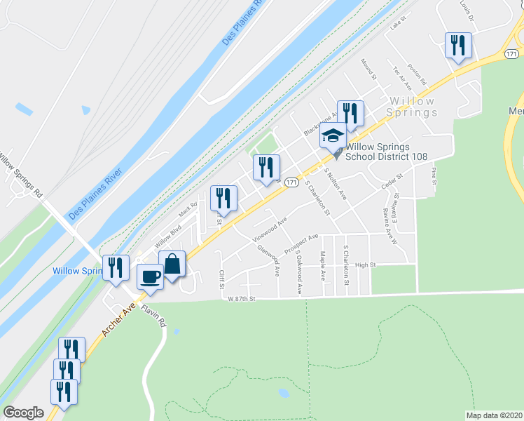 map of restaurants, bars, coffee shops, grocery stores, and more near 8459 Archer Avenue in Willow Springs