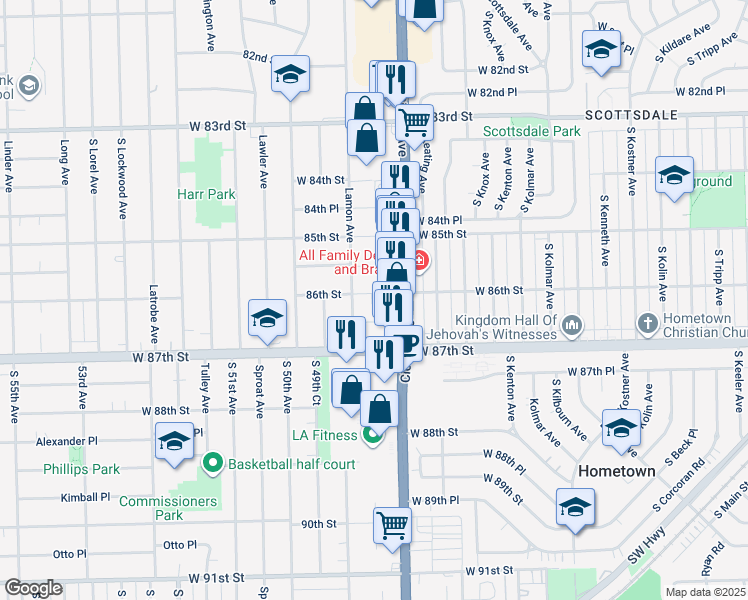 map of restaurants, bars, coffee shops, grocery stores, and more near 4839 West 86th Street in Oak Lawn
