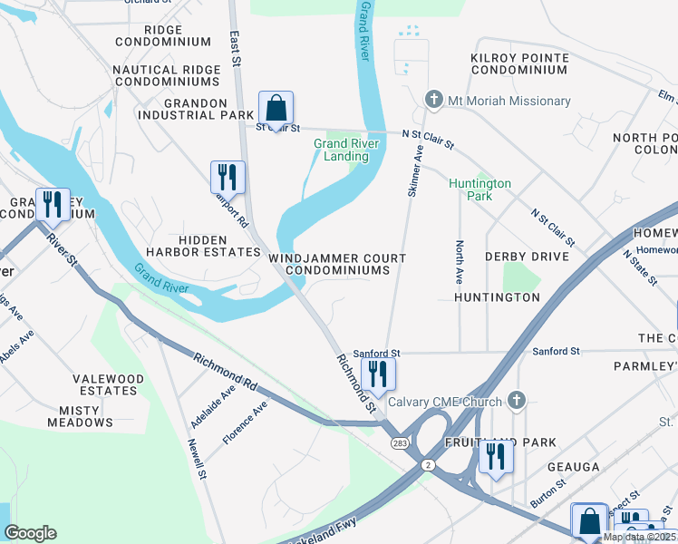 map of restaurants, bars, coffee shops, grocery stores, and more near 53 Windjammer Court in Painesville