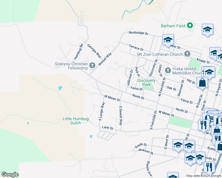 map of restaurants, bars, coffee shops, grocery stores, and more near 1015 North Street in Yreka