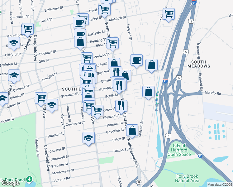 map of restaurants, bars, coffee shops, grocery stores, and more near 12 South Street in Hartford