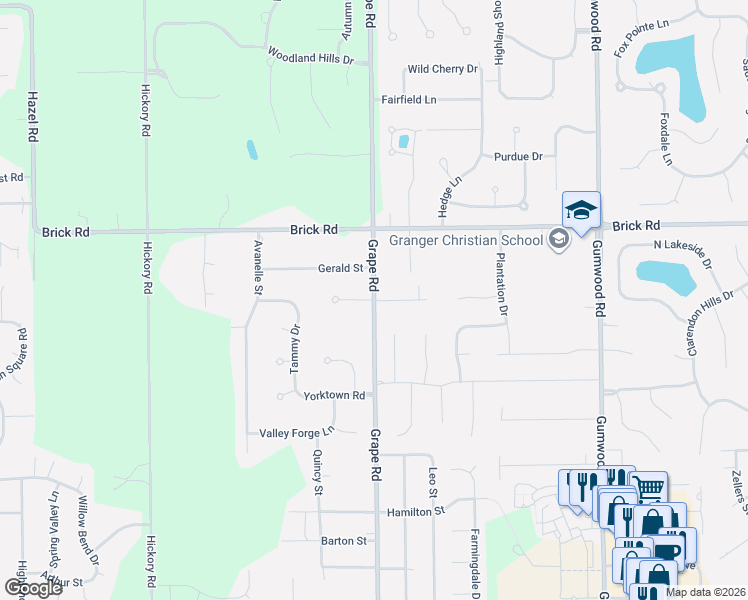 map of restaurants, bars, coffee shops, grocery stores, and more near 52200 Grape Road in Granger