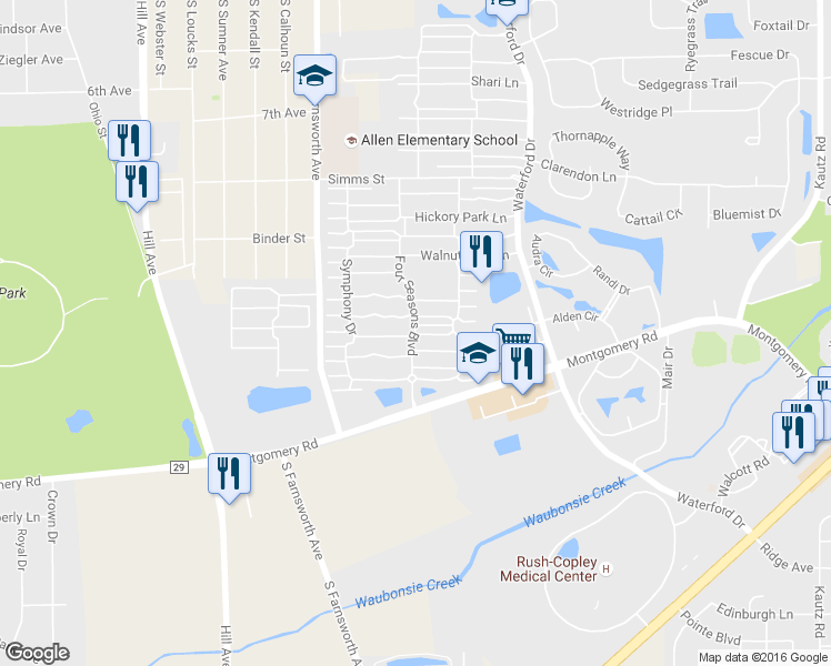 map of restaurants, bars, coffee shops, grocery stores, and more near 984 Four Seasons Boulevard in Aurora