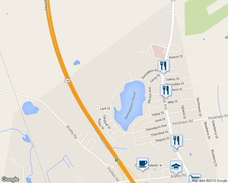 map of restaurants, bars, coffee shops, grocery stores, and more near 1354 Sassaquin Ave in New Bedford