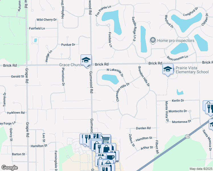 map of restaurants, bars, coffee shops, grocery stores, and more near South Lakeshore Drive in Granger