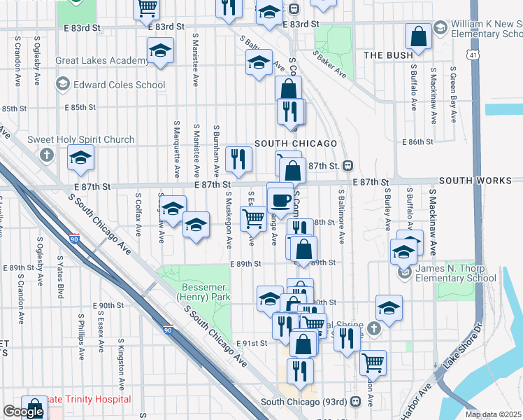 map of restaurants, bars, coffee shops, grocery stores, and more near 8741 South Escanaba Avenue in Chicago
