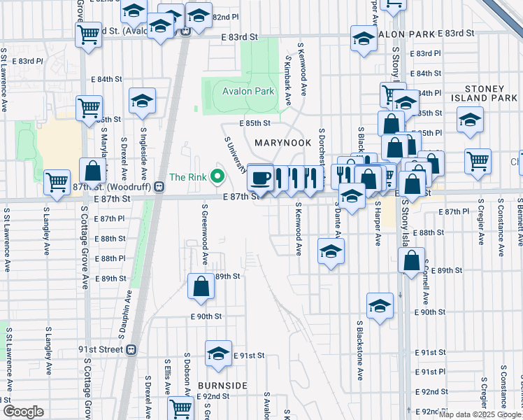 map of restaurants, bars, coffee shops, grocery stores, and more near 1224 East 87th Place in Chicago