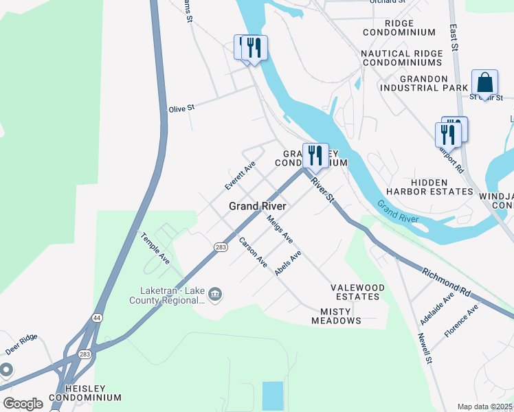 map of restaurants, bars, coffee shops, grocery stores, and more near in Grand River