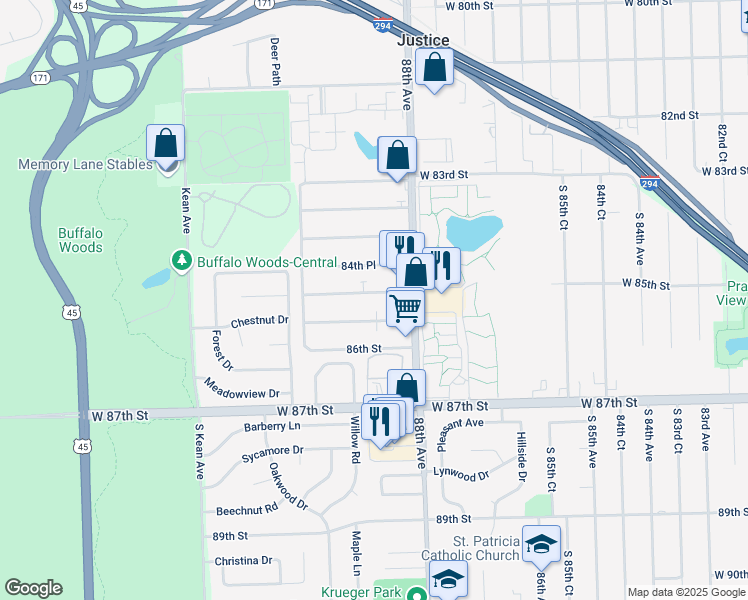 map of restaurants, bars, coffee shops, grocery stores, and more near 8807 West 85th Street in Justice