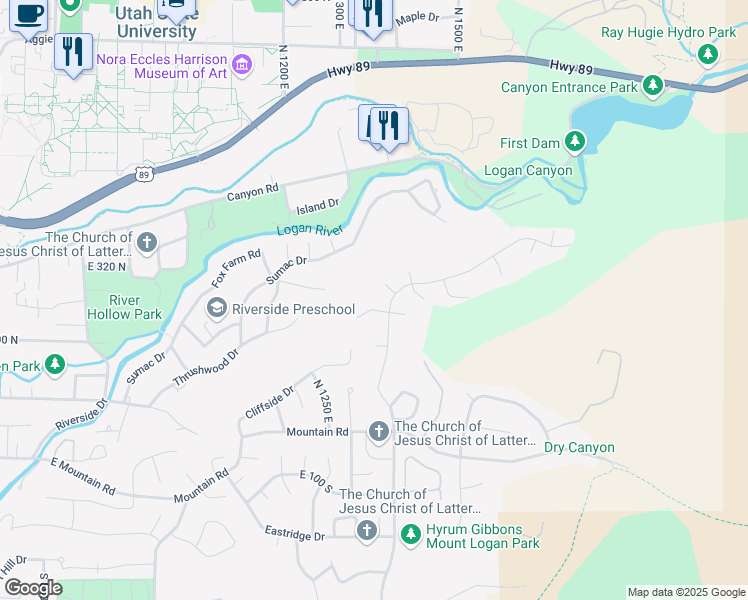 map of restaurants, bars, coffee shops, grocery stores, and more near 1387 East 260 North in Logan