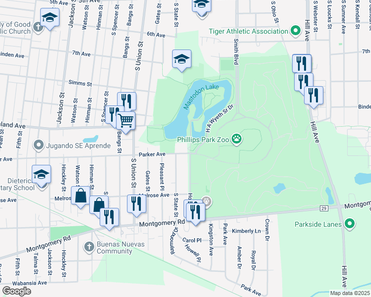 map of restaurants, bars, coffee shops, grocery stores, and more near 1037 Howell Place in Aurora