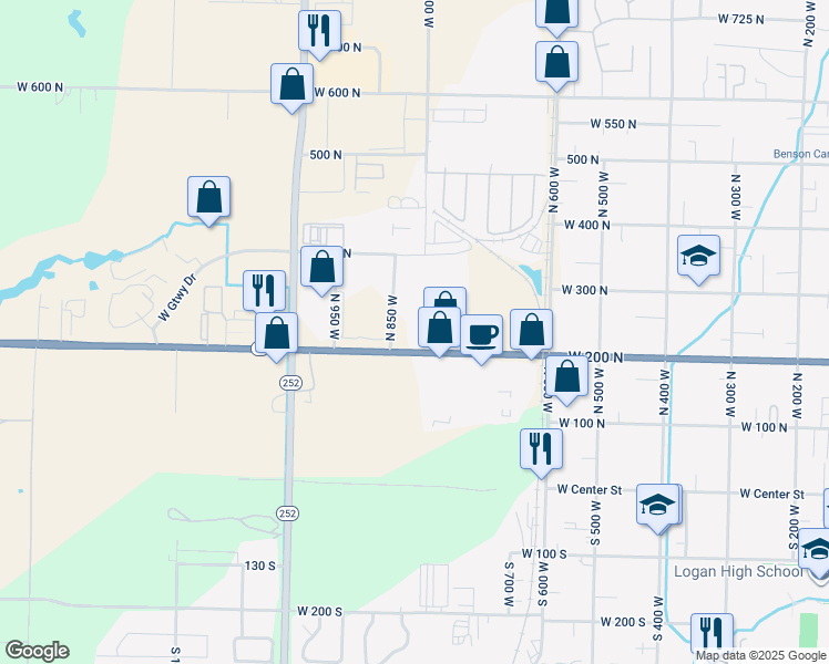 map of restaurants, bars, coffee shops, grocery stores, and more near 825 West 200 North in Logan
