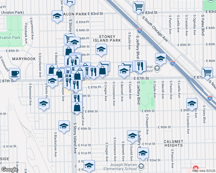 map of restaurants, bars, coffee shops, grocery stores, and more near 8729 South Cregier Avenue in Chicago
