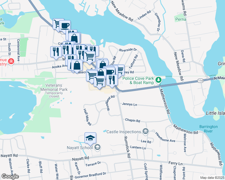 map of restaurants, bars, coffee shops, grocery stores, and more near 156 County Road in Barrington