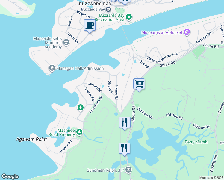 map of restaurants, bars, coffee shops, grocery stores, and more near 16 Olney Road in Bourne