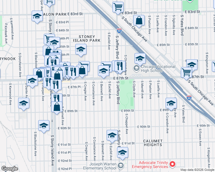 map of restaurants, bars, coffee shops, grocery stores, and more near 8726 South Euclid Avenue in Chicago