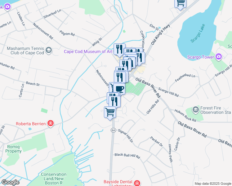 map of restaurants, bars, coffee shops, grocery stores, and more near in Dennis