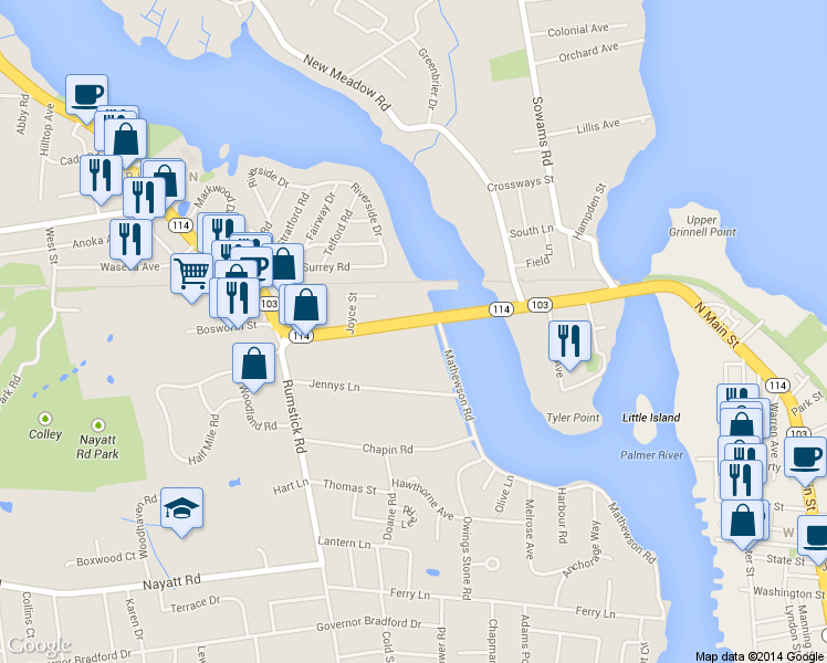 map of restaurants, bars, coffee shops, grocery stores, and more near 94 County Road in Barrington