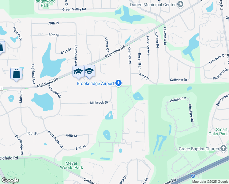 map of restaurants, bars, coffee shops, grocery stores, and more near 437 Millbrook Drive in Downers Grove