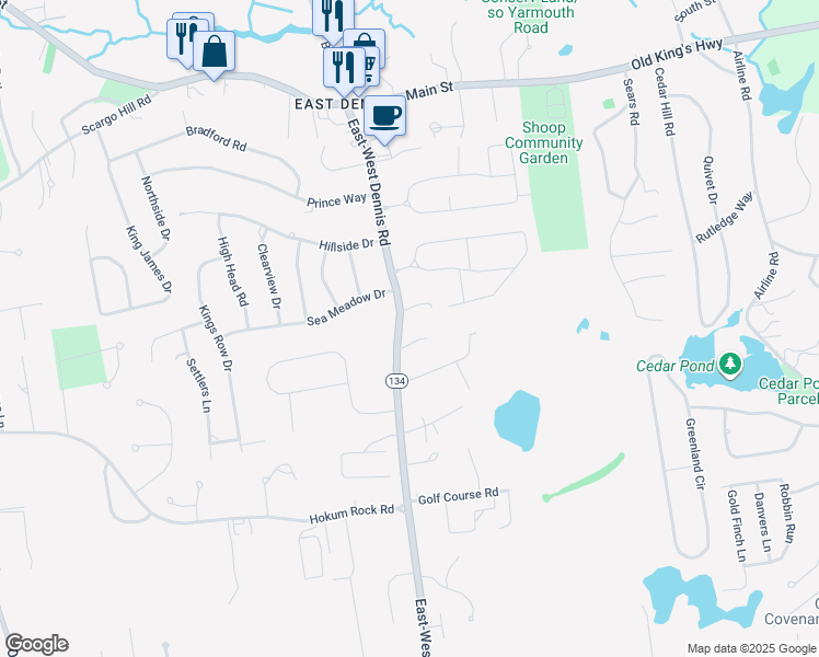 map of restaurants, bars, coffee shops, grocery stores, and more near 1280 East-West Dennis Road in Dennis