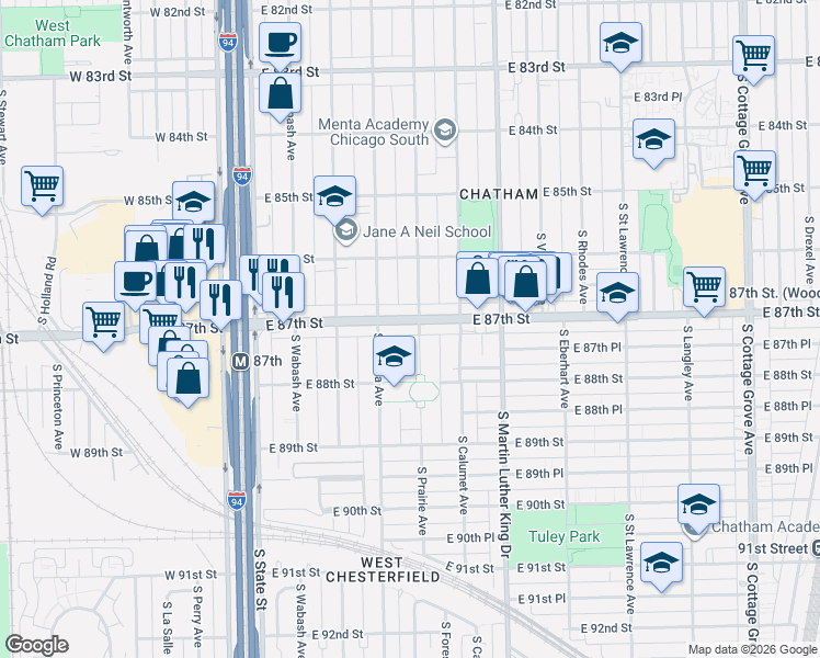 map of restaurants, bars, coffee shops, grocery stores, and more near 8714 South Prairie Avenue in Chicago