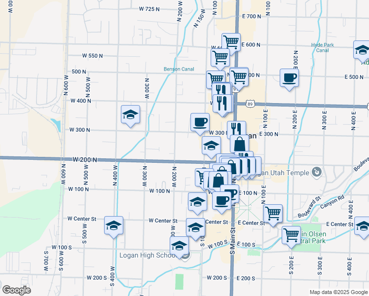 map of restaurants, bars, coffee shops, grocery stores, and more near 132 West 300 North in Logan