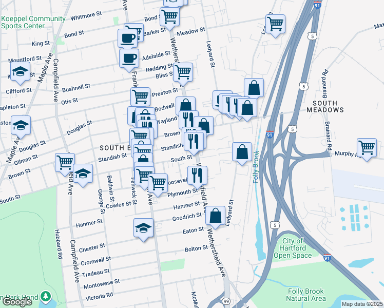 map of restaurants, bars, coffee shops, grocery stores, and more near in Hartford