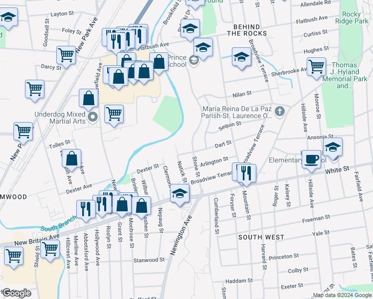 map of restaurants, bars, coffee shops, grocery stores, and more near 198 Dart Street in Hartford